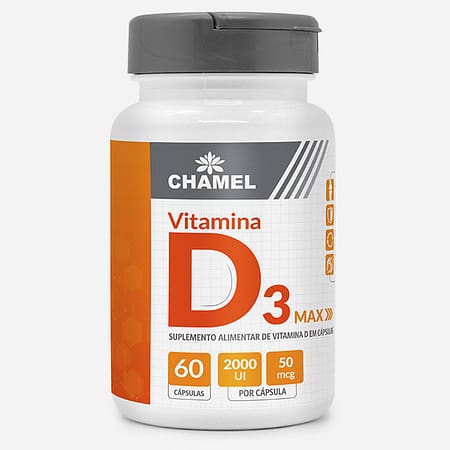 Suplemento de Vitamina D3 Max Chamel 60 cápsulas. Alta concentração 2.000 UI